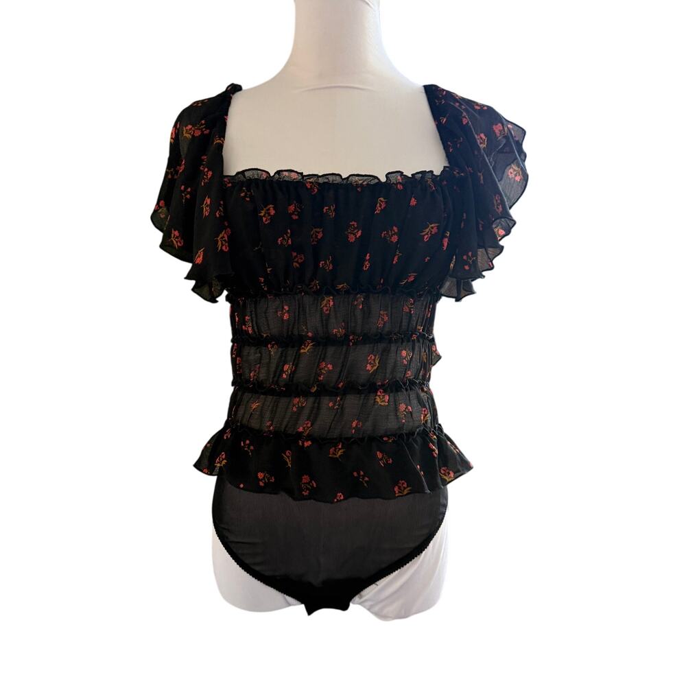 Intimately Free People Juliet Bodysuit XS Black Floral Sheer Ruffle Coquette